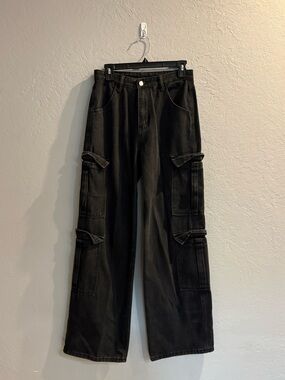 Black Women’s High-Waisted Wide-Leg Black Cargo Jeans